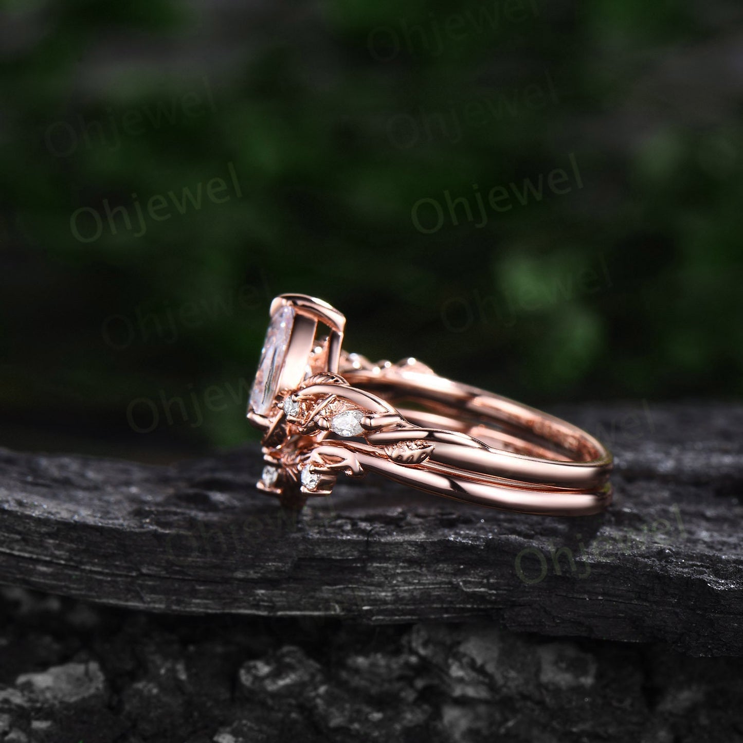 Twig pear shaped black rutilated quartz engagement ring vintage branch leaf rose gold nature inspired diamond bridal wedding ring set women