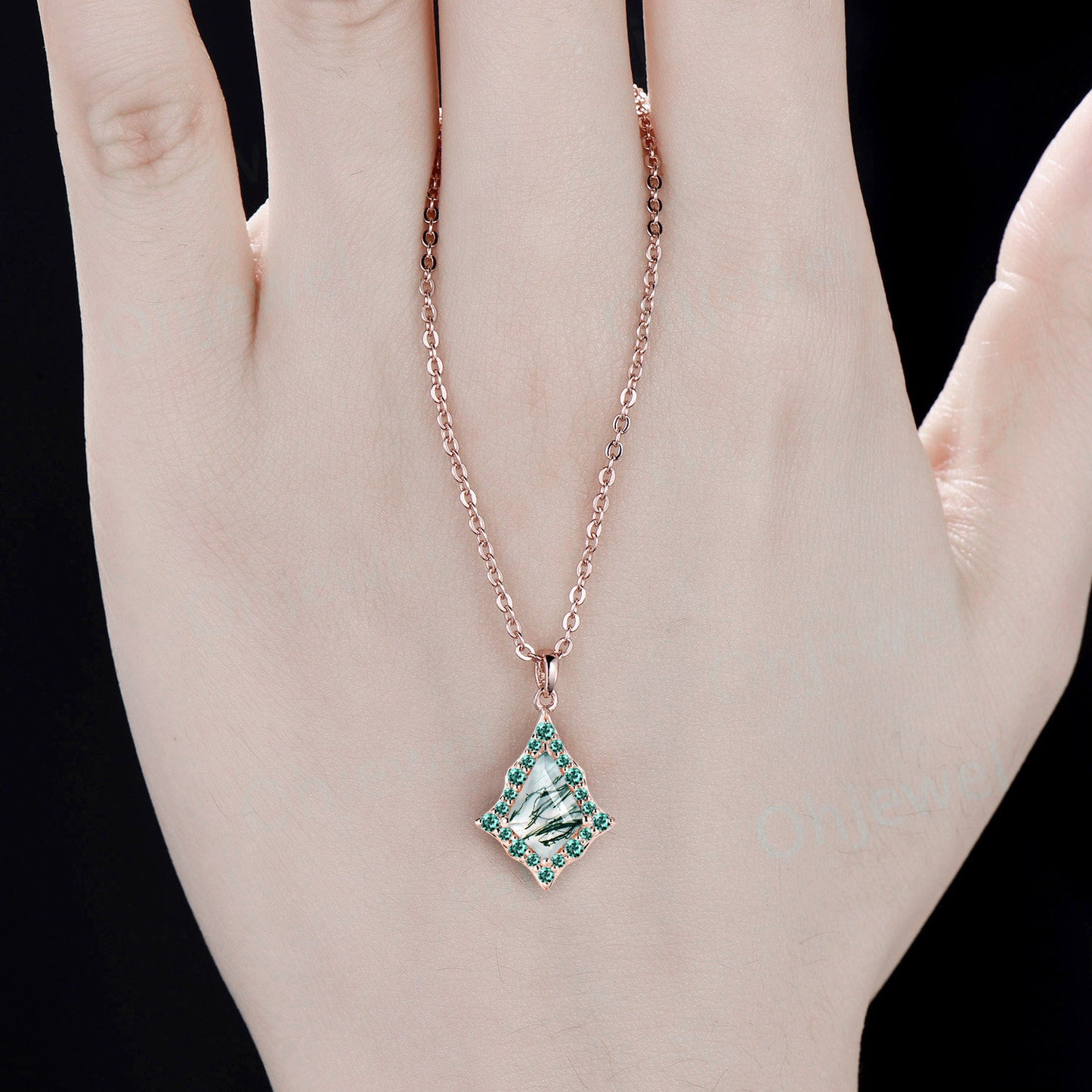 Vintage kite cut green moss agate necklace solid 14k rose gold antique unique snowdrift halo moissanite necklace Pendant women gemstone gift