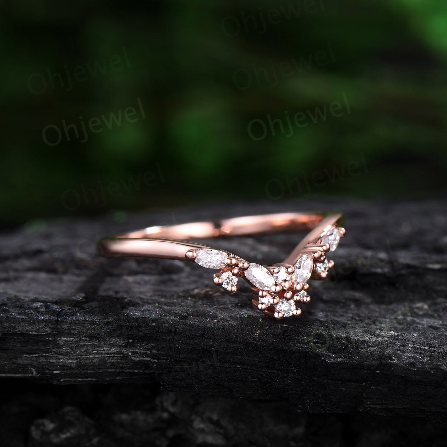 Cluster Alexandrite wedding band solid 14k rose gold moonstone moissanite wedding ring band marquise June birthstone ring Personalized gift
