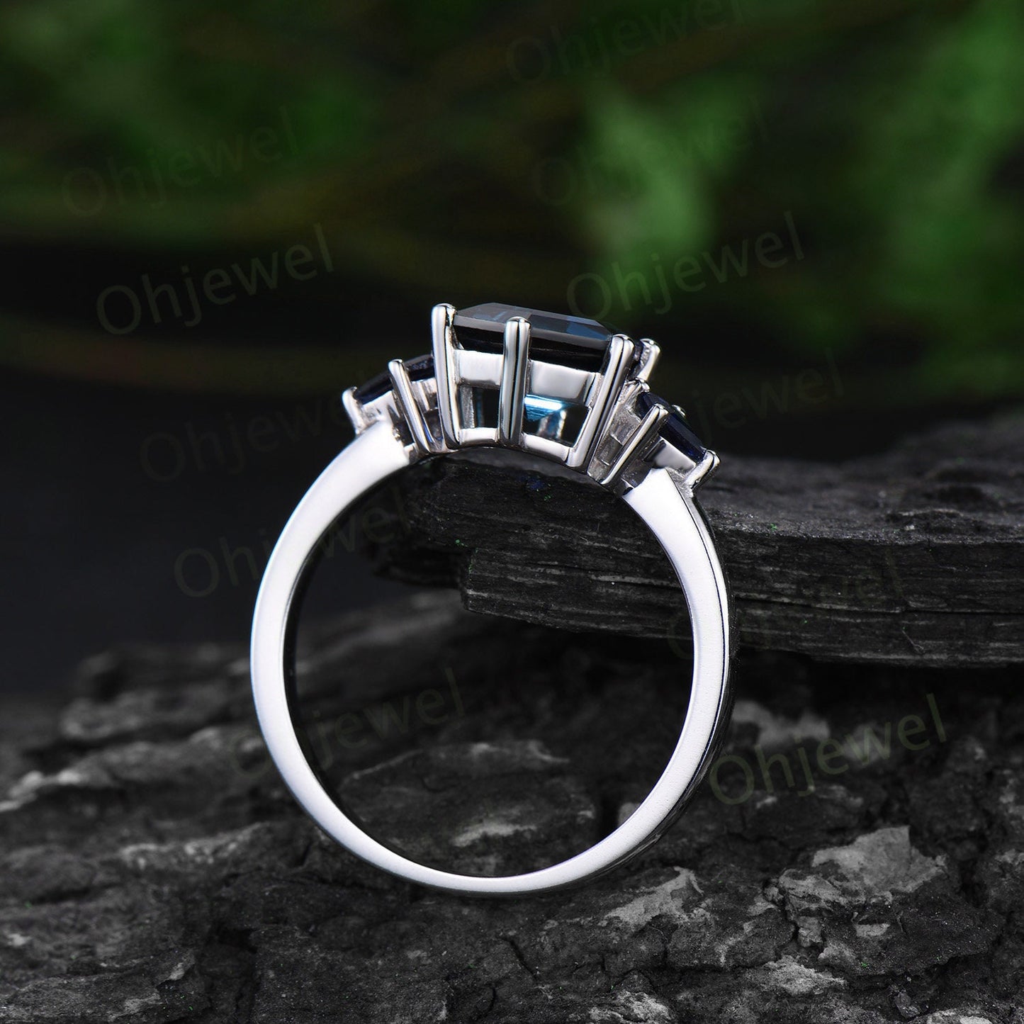Princess cut sapphire wedding band art deco curved wedding ring band women vintage 14k white gold 7 stone bridal anniversary ring gift