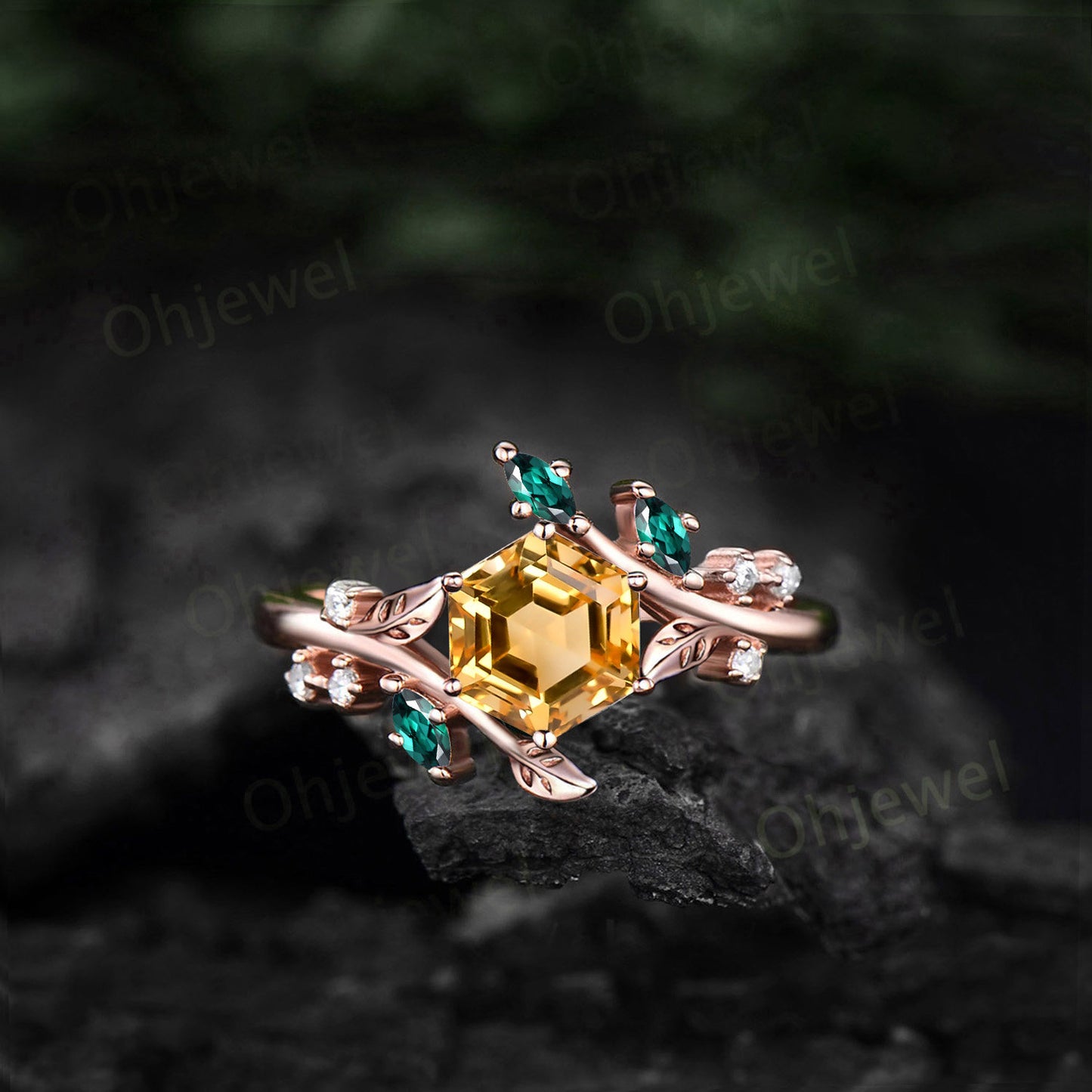 Vintage Hexagon citrine engagement ring leaf nature inspired marquise peridot ring women art deco twisted moissanite anniversary ring gift