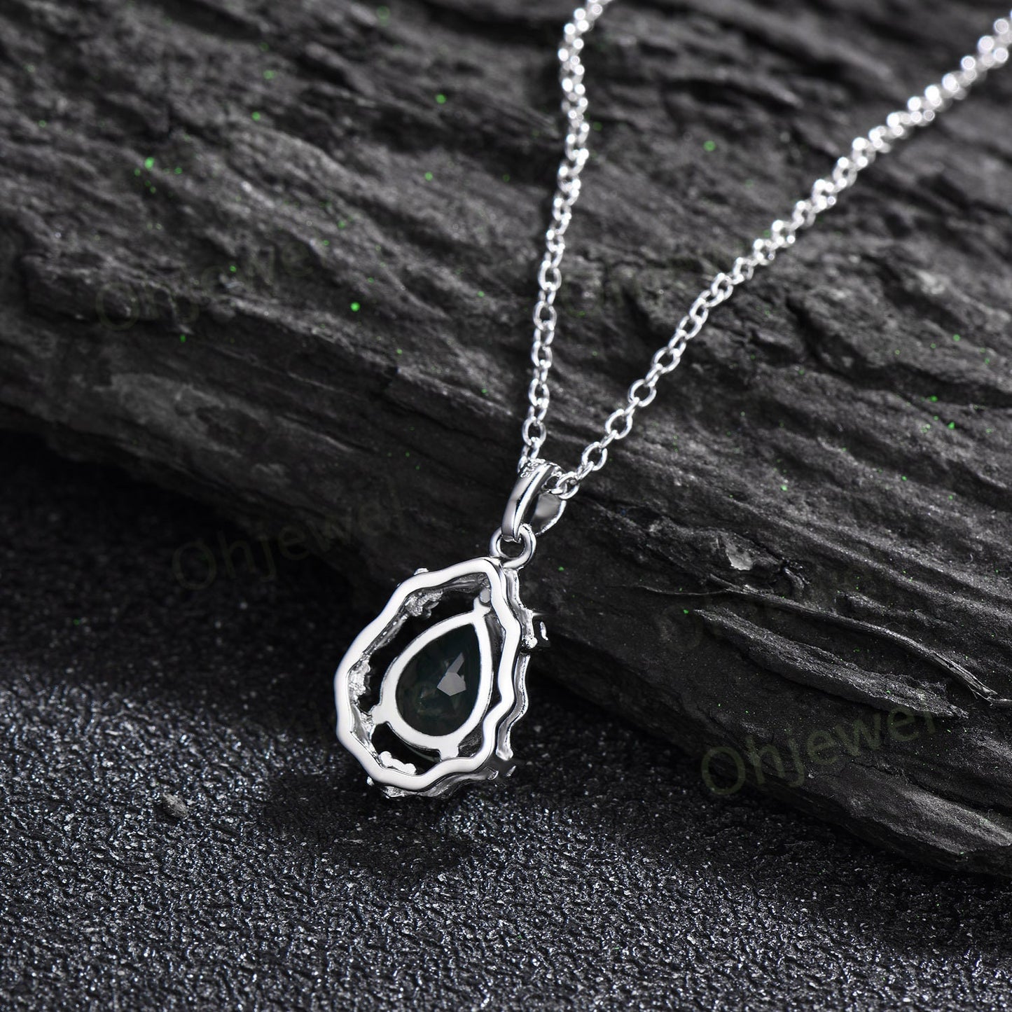 Pear cut Alexandrite necklace vintage 14k white gold halo leaf vine branch art deco diamond June birthstone Pendant women anniversary gift