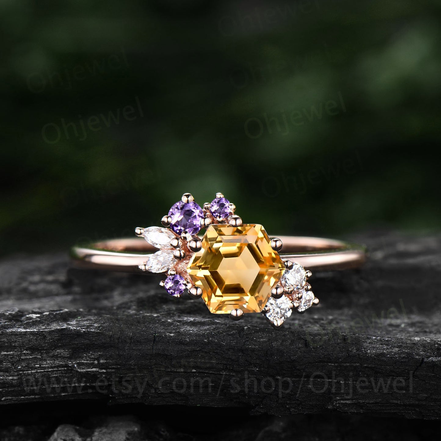 Hexagon cut yellow citrine ring vintage peridot ring rose gold 6 prong cluster unique engagement ring women Personalized wedding ring gift