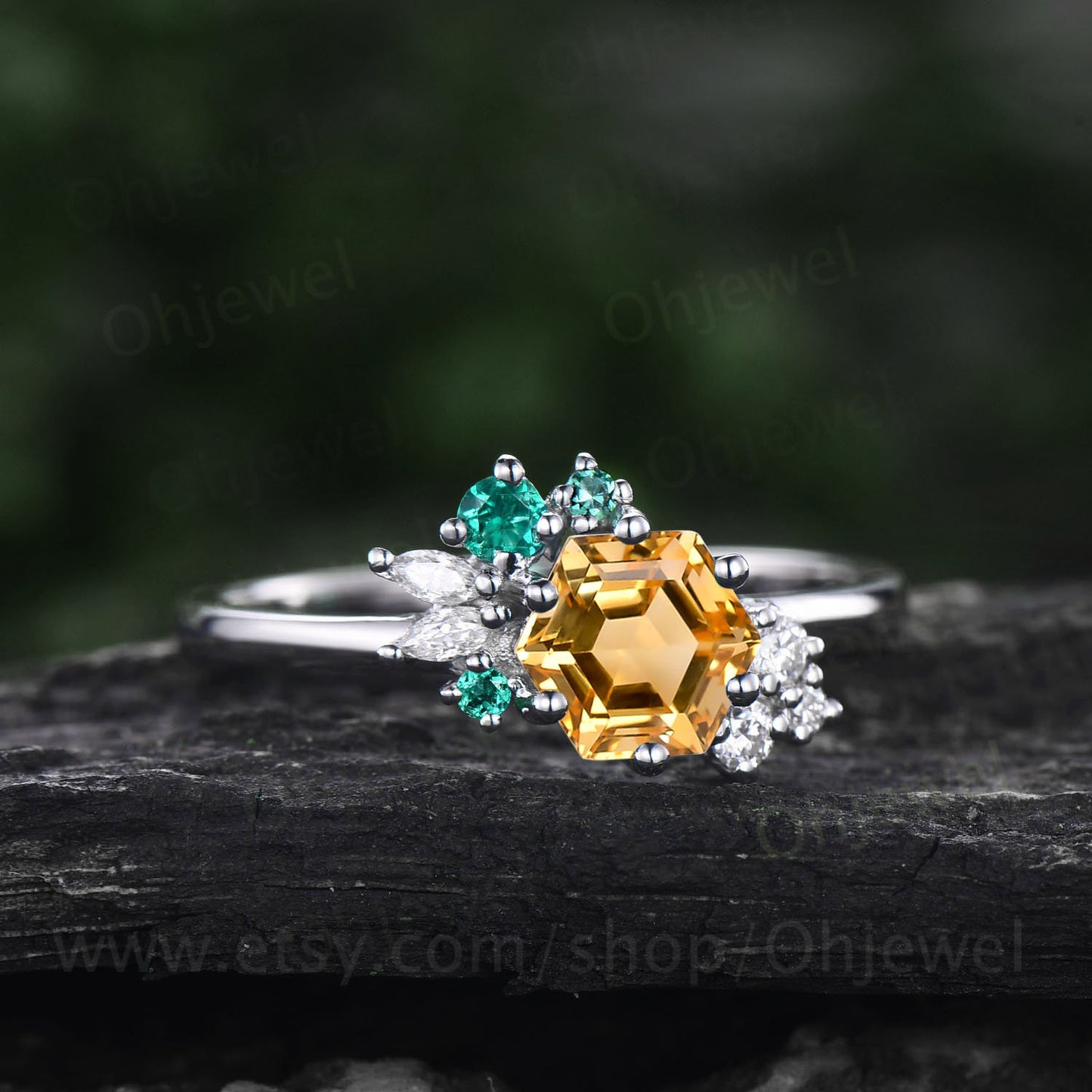 Hexagon cut yellow citrine ring vintage peridot ring rose gold 6 prong cluster unique engagement ring women Personalized wedding ring gift