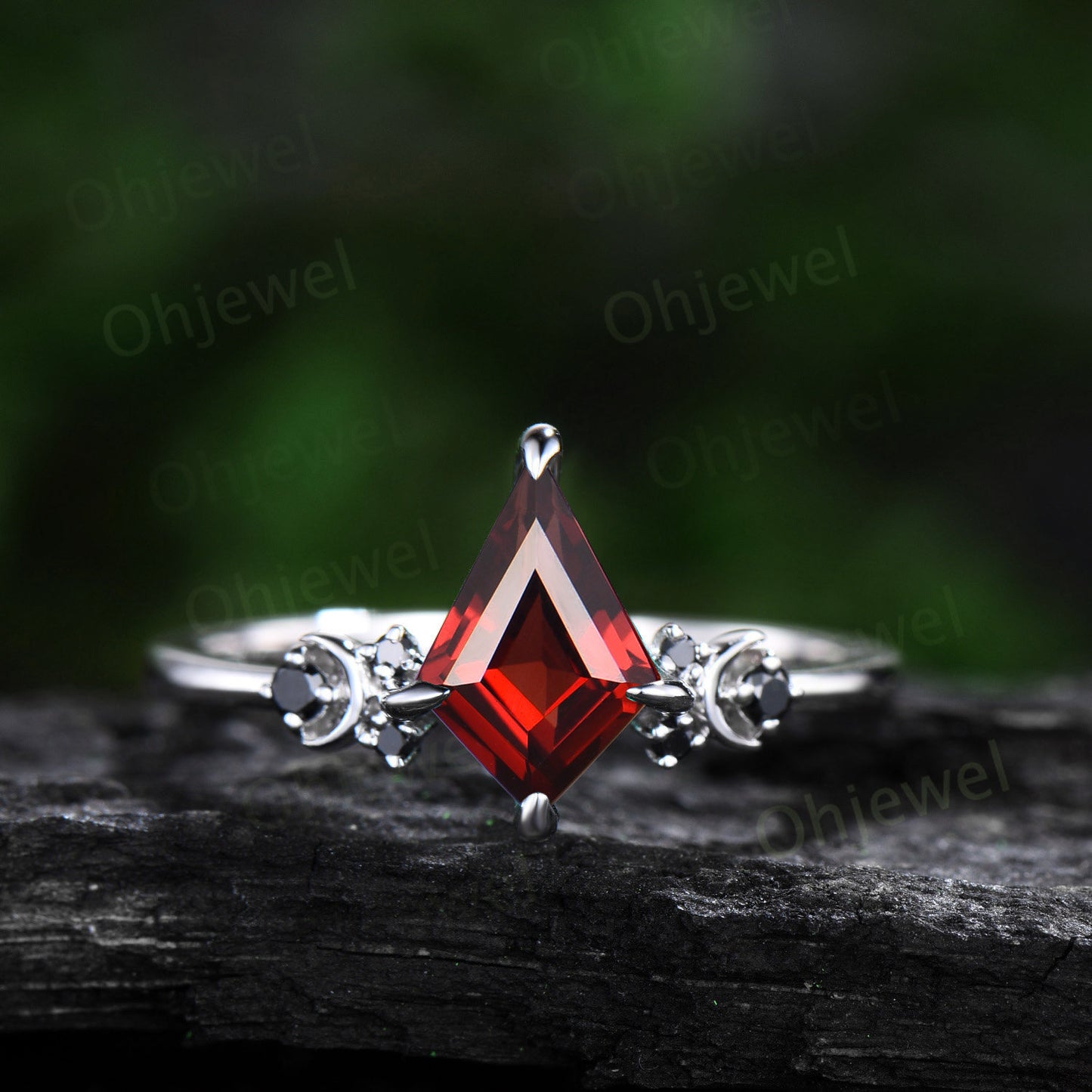 Kite cut red garnet engagement ring Moon black diamond ring solid 14k white gold art deco antique promise anniversary ring women jewelry