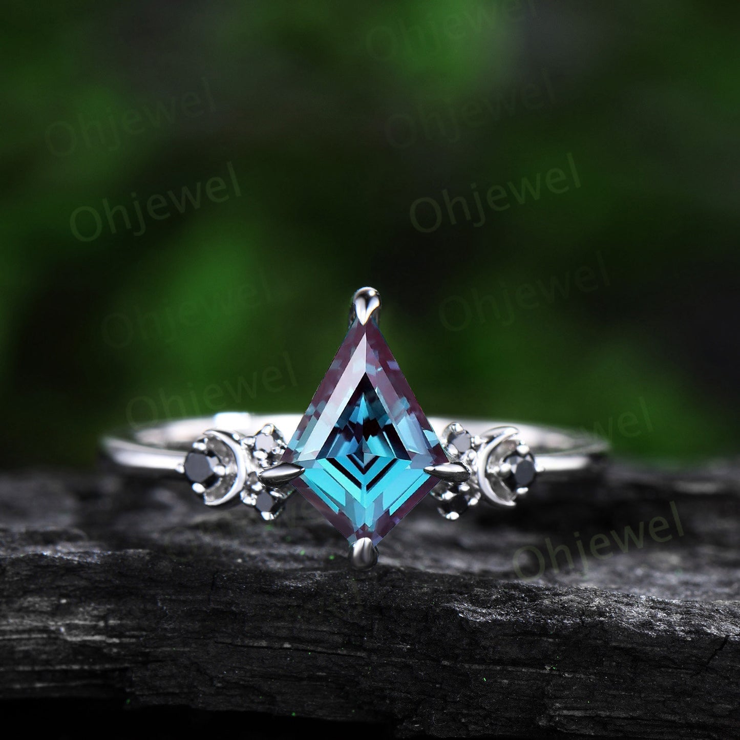 Kite cut alexandrite engagement ring Moon black diamond ring solid 14k white gold art deco antique promise anniversary ring women jewelry