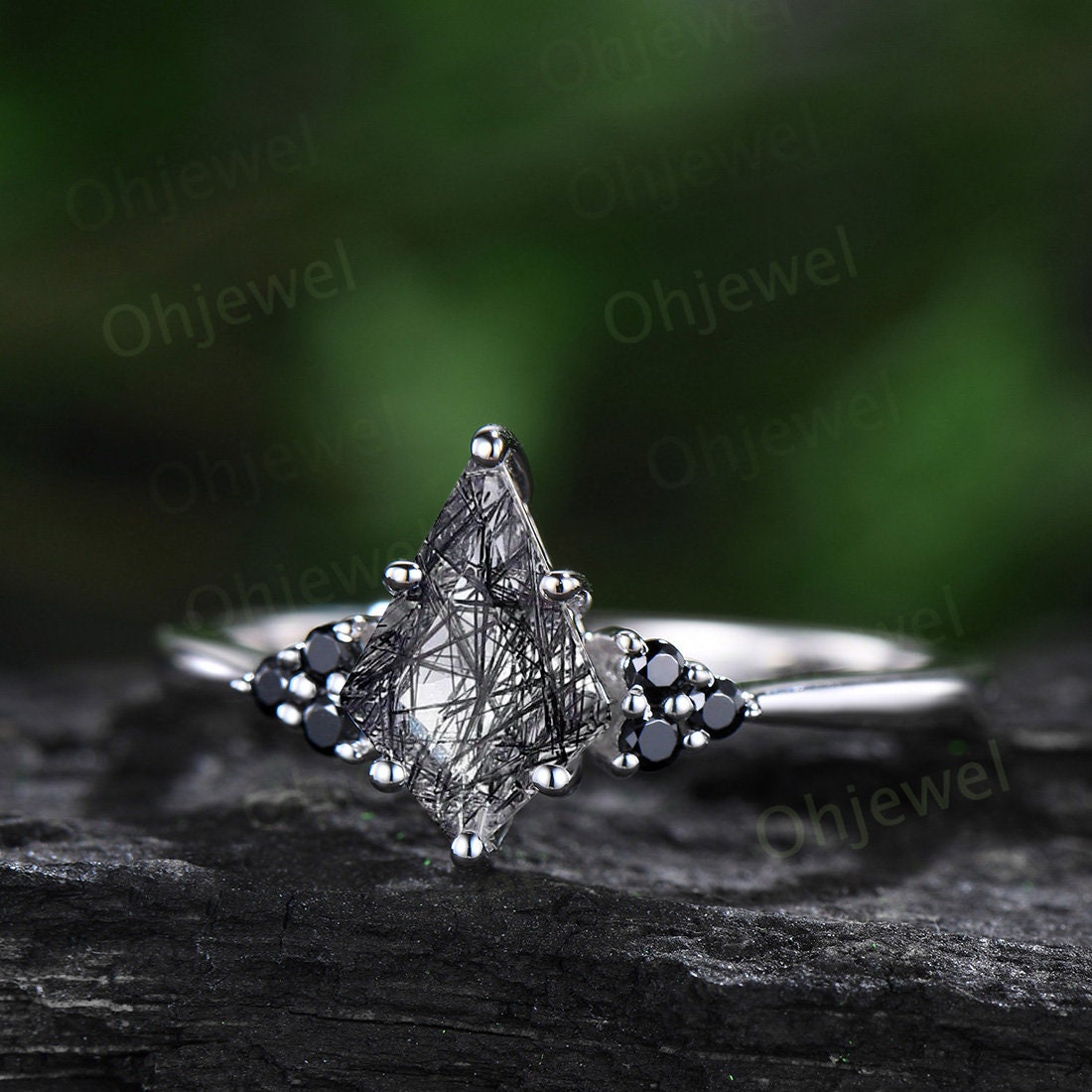 Unique kite black rutilated quartz engagement ring solid 14k white gold black spinel moissanite Personalized promise anniversary ring women