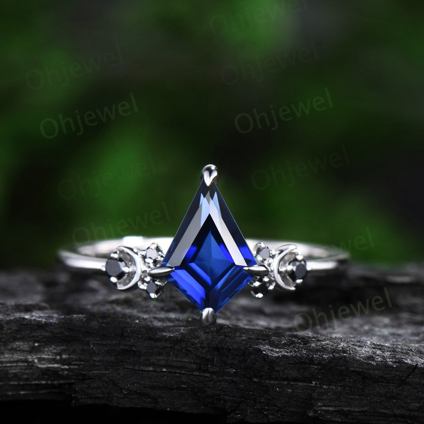 Moon black diamond kite blue sapphire engagement ring set solid 14k white gold retro bridal set unique wedding ring set women blue gemstone