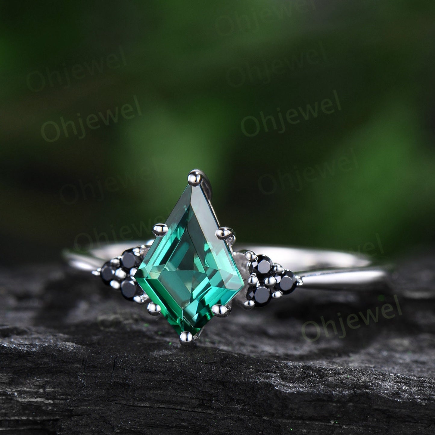 Unique kite cut green emerald engagement ring solid 14k white gold black spinel moissanite Personalized promise anniversary ring women her