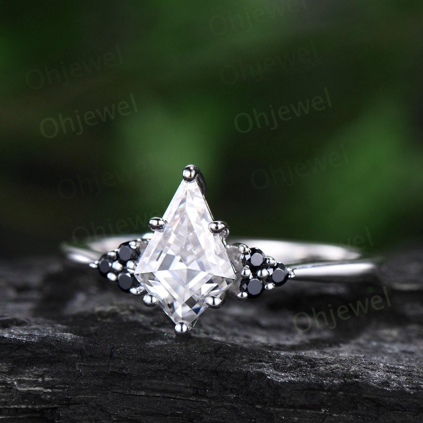 Unique kite cut moissanite engagement ring solid 14k white gold black spinel moissanite Personalized promise anniversary ring women her