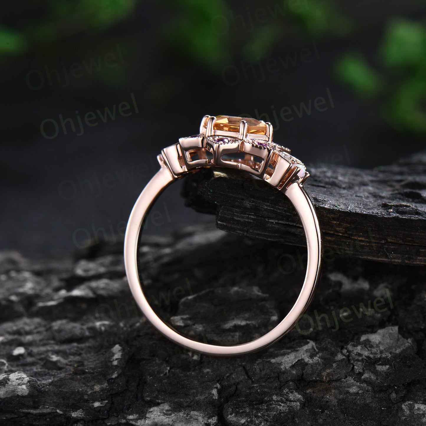 Vintage Hexagon citrine engagement ring yellow gold milgrain floral moon amethyst diamond ring women unique wedding anniversary ring gift