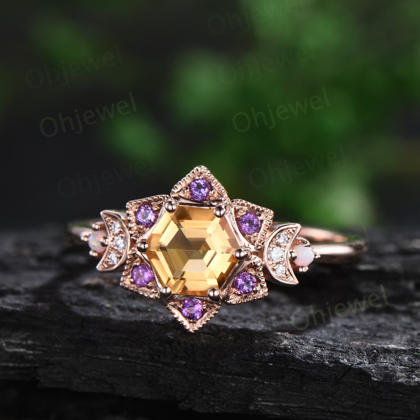 Vintage Hexagon citrine engagement ring yellow gold milgrain floral moon amethyst diamond ring women unique wedding anniversary ring gift