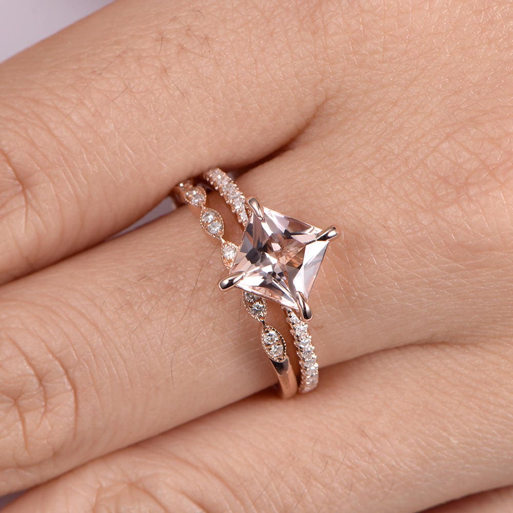 Morganite ring set princess cut morganite engagement ring 6.5mm pink gemstone art deco half eternity diamond wedding band 14k rose gold