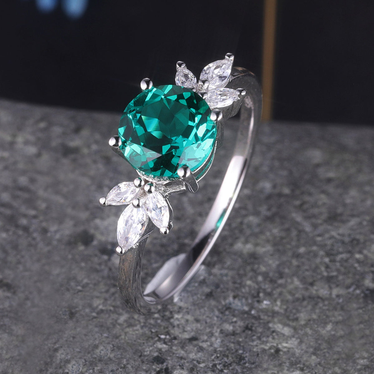 Emerald Engagement Ring White Gold Art Deco Stacking Matching Band Vintage Round Shaped Emerald Wedding Bridal Set Gift For Women