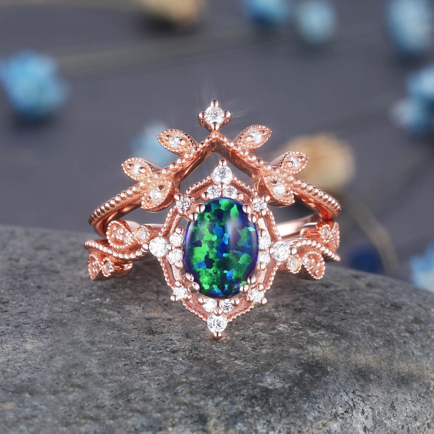 Oval emerald wedding ring set emerald engagmement ring diamond matching band vintage floral art deco diamond ring Valentines day gift