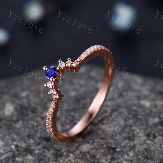 2.5mm Blue Sapphire Diamond Engagement Matching Band Stacking ring Curved shape Half Eternity diamond Danity wedding band Bridal Ring Set