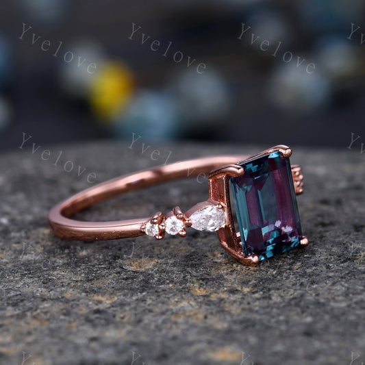 6x8mm Emerald Cut Alexandrite Engagement Ring 14K Rose Gold Moissanite/Diamond Wedding Band Art Deco Special Bridal Ring Jewelry Gift