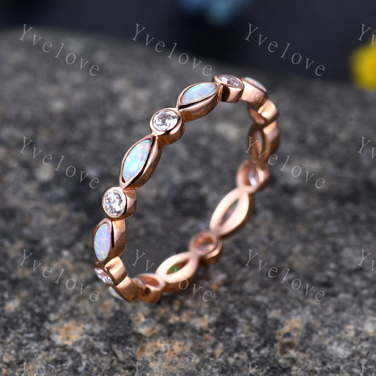 Full eternity white fire Opal wedding ring 14k rose gold diamond wedding band marquise opal band October Birthstone stacking matching band
