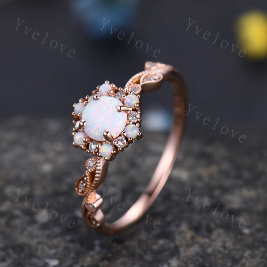 Vintage Opal Engagement Ring Rose Gold White Opal Diamond Wedding Ring Bridal Ring October Birthstone For Women Promise Anniversary Gift