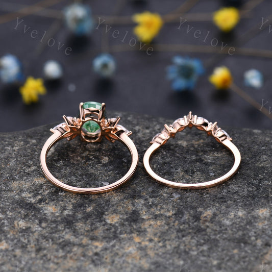 Moss Agate Engagement Ring Set Women Stacking Matching Band Diamond/Moissanite Eternity Ring Unique Vintage Floral Design Promise Gift