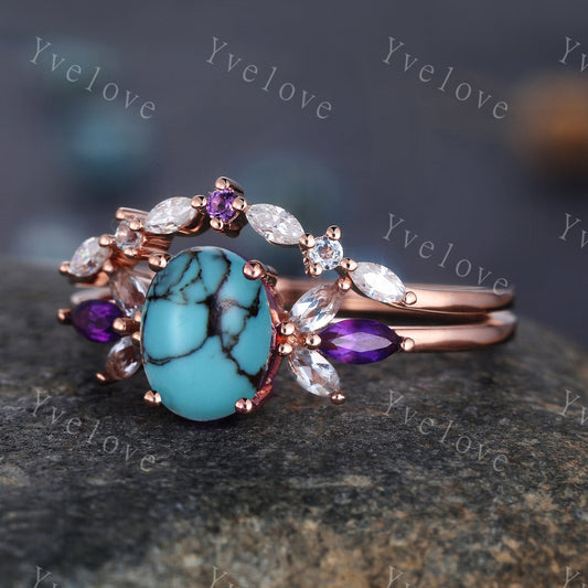 Vintage Oval Turquoise Engagement Ring Set Rose Gold Women Moissanite Amethyst Gem Matching Band December birthstone Valentines day gift
