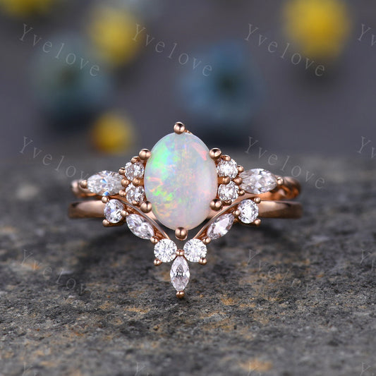 Vintage white opal Engagement Ring set,oval cut natural opal ring,twisted band,bridal ring set,V shaped curved band,moissanite ring wedding