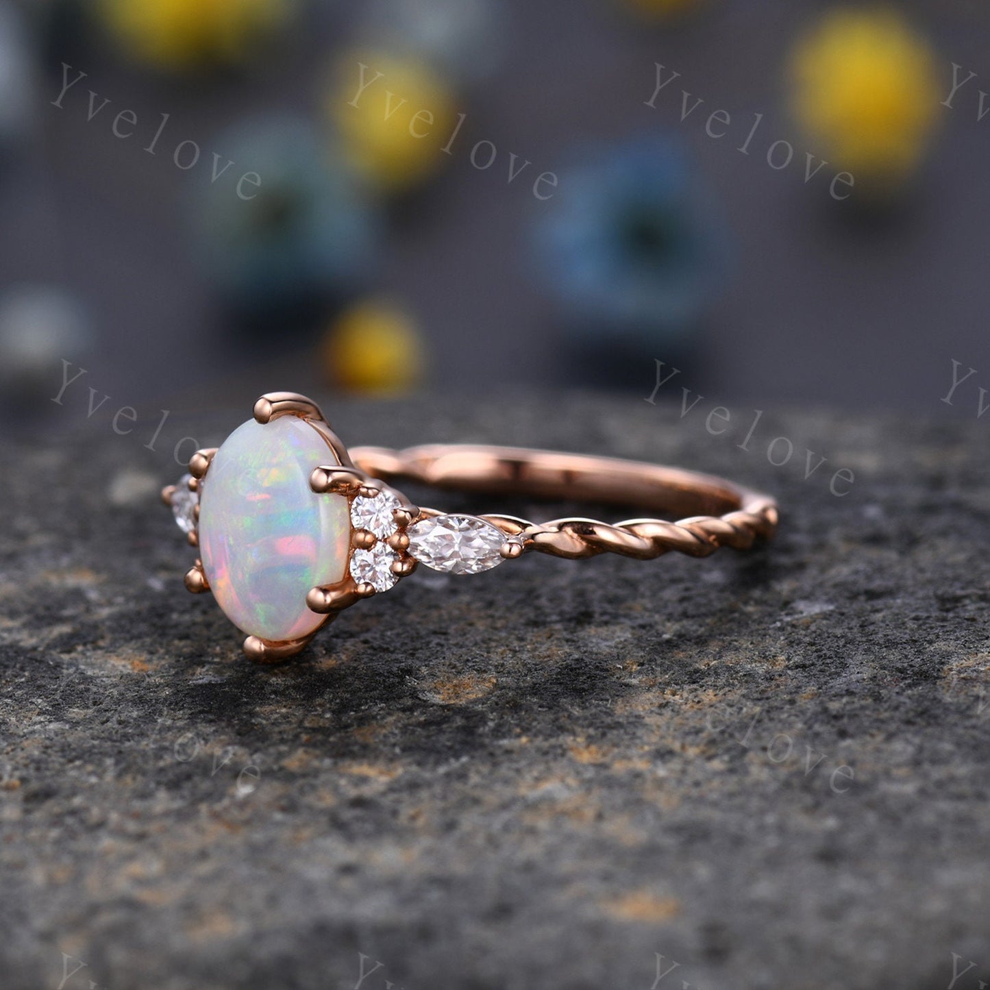 Vintage white opal Engagement Ring set,oval cut natural opal ring,twisted band,bridal ring set,V shaped curved band,moissanite ring wedding