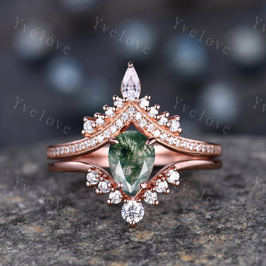 Pear moss agate ring 14k Solid Gold Vintage moss agate engagement ring set Curved diamond Band Ring women art deco vintage moss engagement
