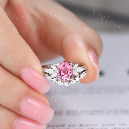 Natural Pink Tourmaline Engagement Ring Set,White Gold Marquise Moissanite Band,October Birthstone Ring,Art Deco Promise Anniversary Gift
