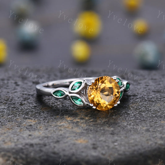 7mm round citrine engagement ring leaf marquise emerald stones vintage yellow citrine wedding ring floral ring promise anniversary gift
