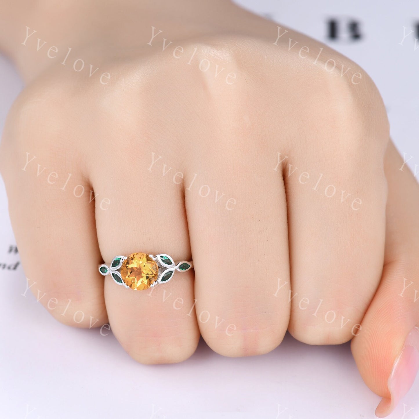 7mm round citrine engagement ring leaf marquise emerald stones vintage yellow citrine wedding ring floral ring promise anniversary gift