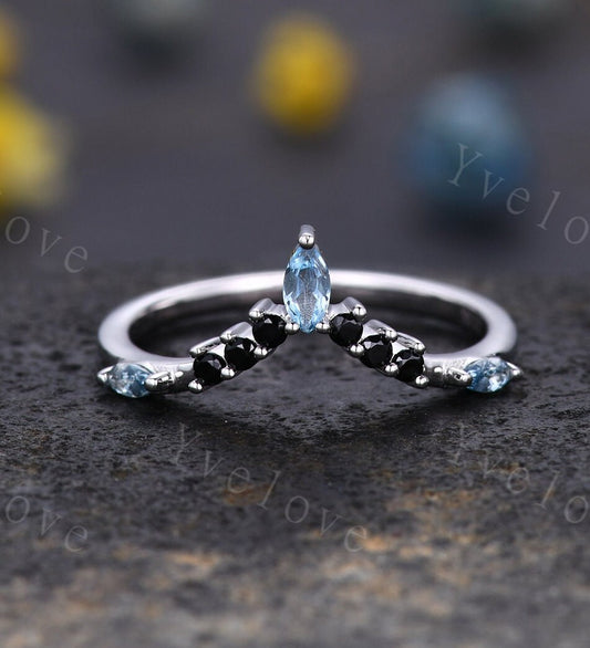 Marquise Aquamarine Wedding band,March Birthstone,Vintage Retro White Gold Ring,Black Spinel Stone,Women V Curved Stacking Band Bridal Gift