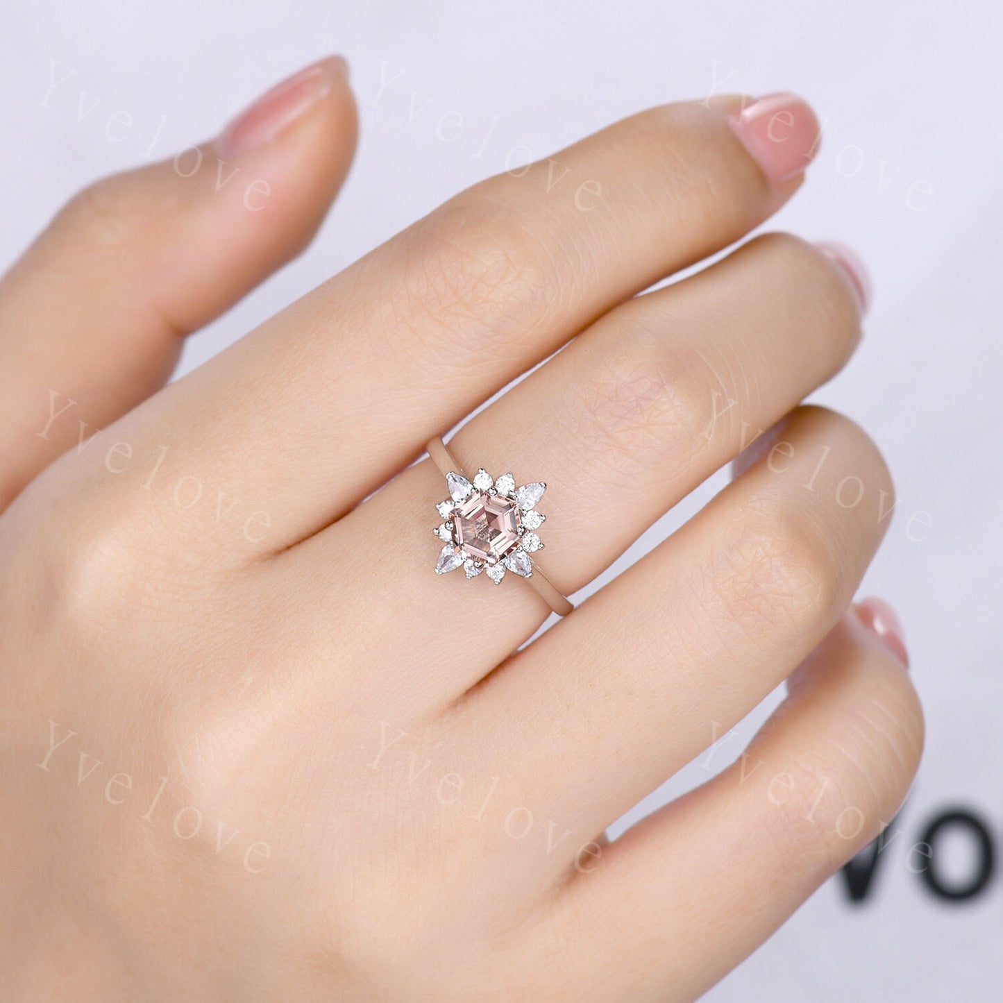 Art Deco Morganite Engagement Ring Set,hexagon Morganite ring,Marquise Moissanite Band,Pink Morganite Ring,Women Matching Wedding Band Gift