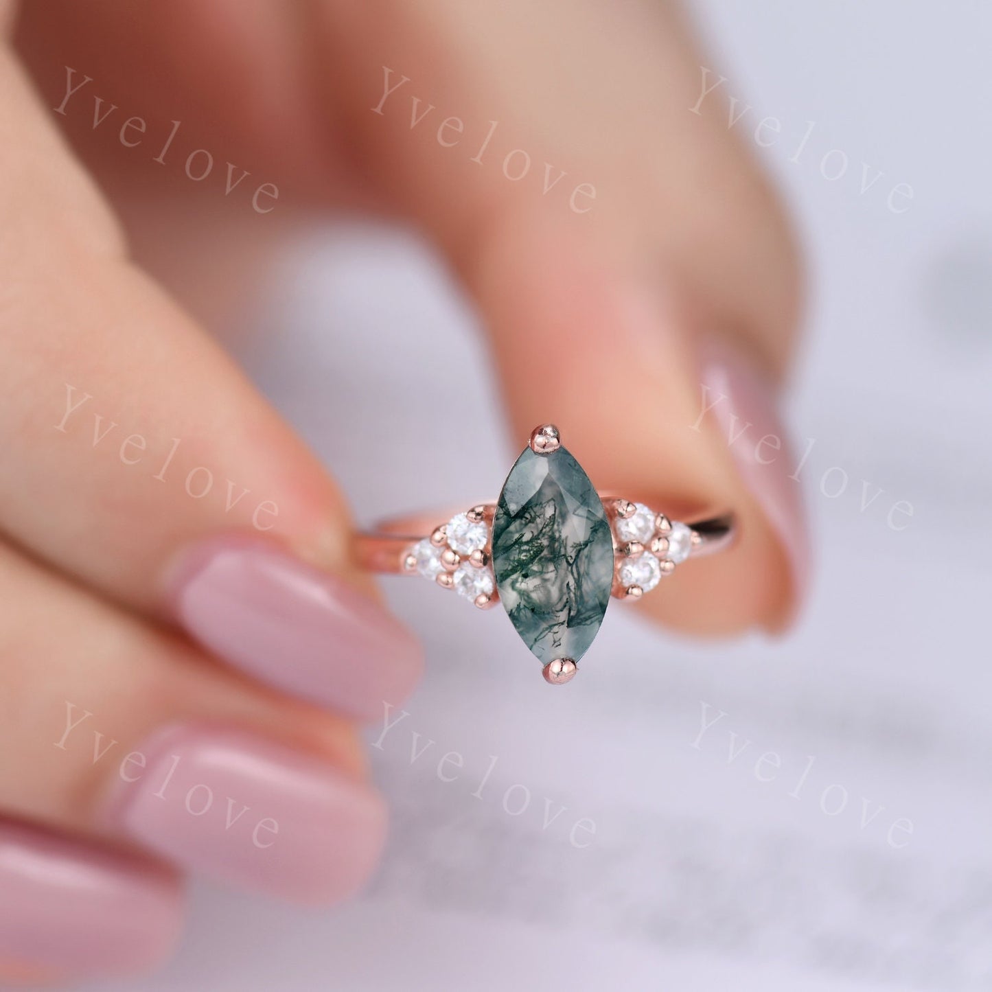 Unique marquise cut moss agate engagement ring set vintage women rose gold moissanite diamond stacking wedding ring Bridal set art deco ring