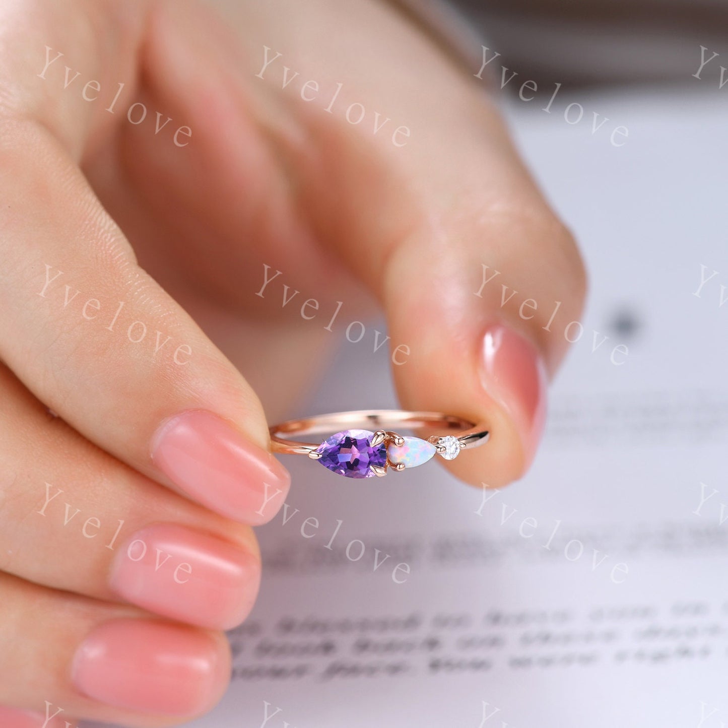 Vintage Amethyst Opal Engagement Ring,Pear Cut Gems,Art Deco Moissanite Wedding Band,3 Stone Unique Women Bridal Promise Ring,Customized