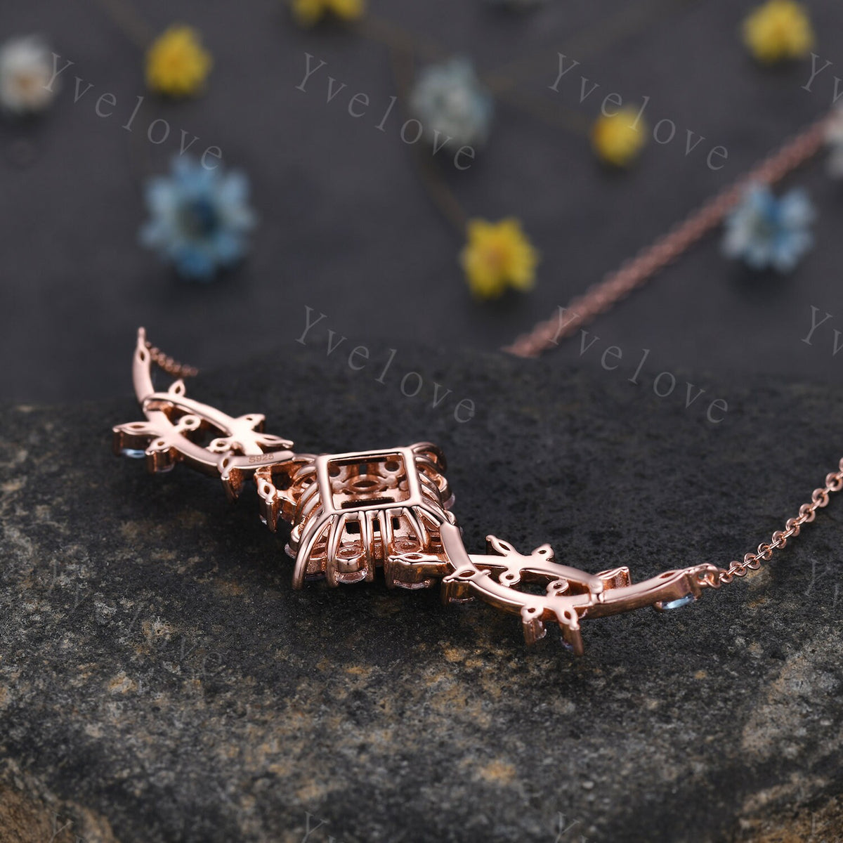 Unique Princess shaped Alexandrite Pendant,Cluster Alexandrite Necklace,Pinky Gold Art Deco Moissanite Necklace,June Gift,Retro Women Gift