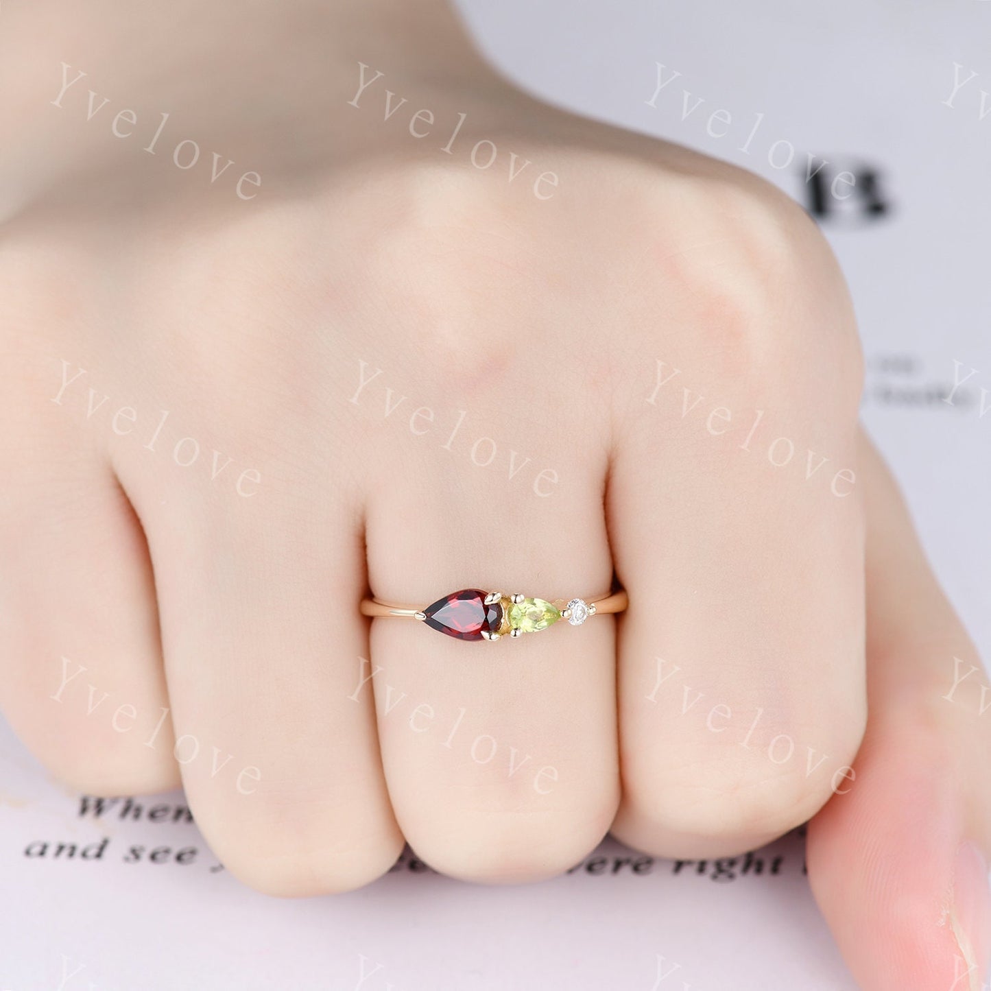 Vintage Red Garnet Peridot Engagement Ring,Pear Cut Gems,Art Deco Moissanite Wedding Band,3 Stone Unique Women Bridal Promise Ring,Custom