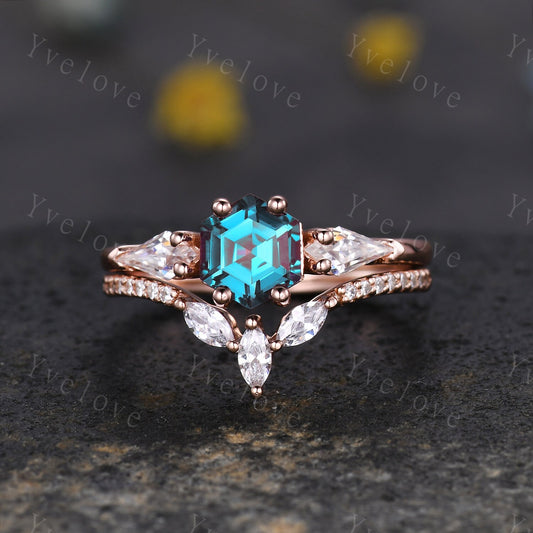 Vintage Hexagon Alexandrite Engagement Ring Set Rose Gold Women Moissanite Matching Band Promise Bridal Stacking Ring Set Gift for her