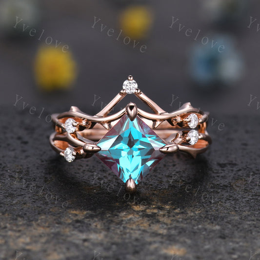 Vintage Princess Cut Alexandrite Engagement Ring Set,Twisted Ring,Leaf Vine Alexandrite Bridal Set,Branch Ring,Dainty Twig Diamond Ring Gift