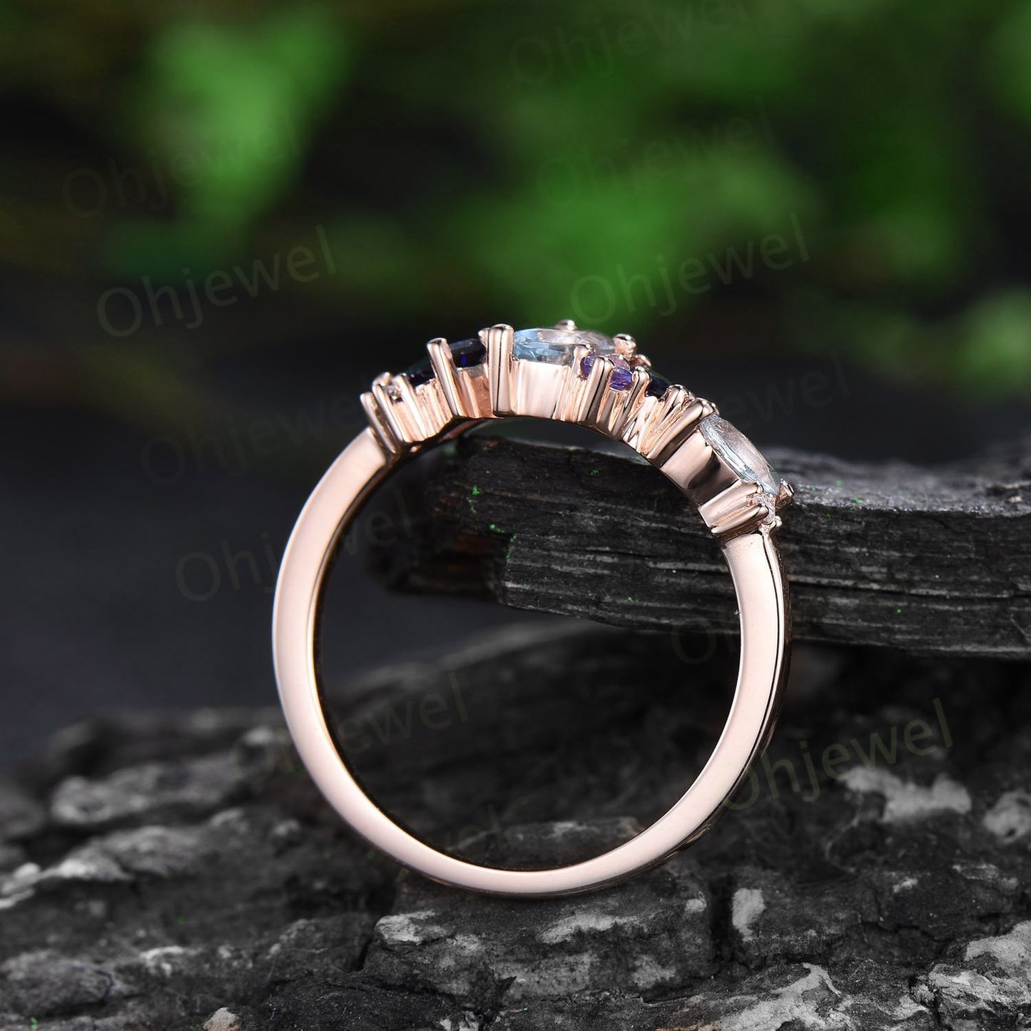 Vintage oval Aquamarine ring cluster Baguette sapphire ring dainty tanzanite ring women solid 14k rose gold anniversary wedding ring gift