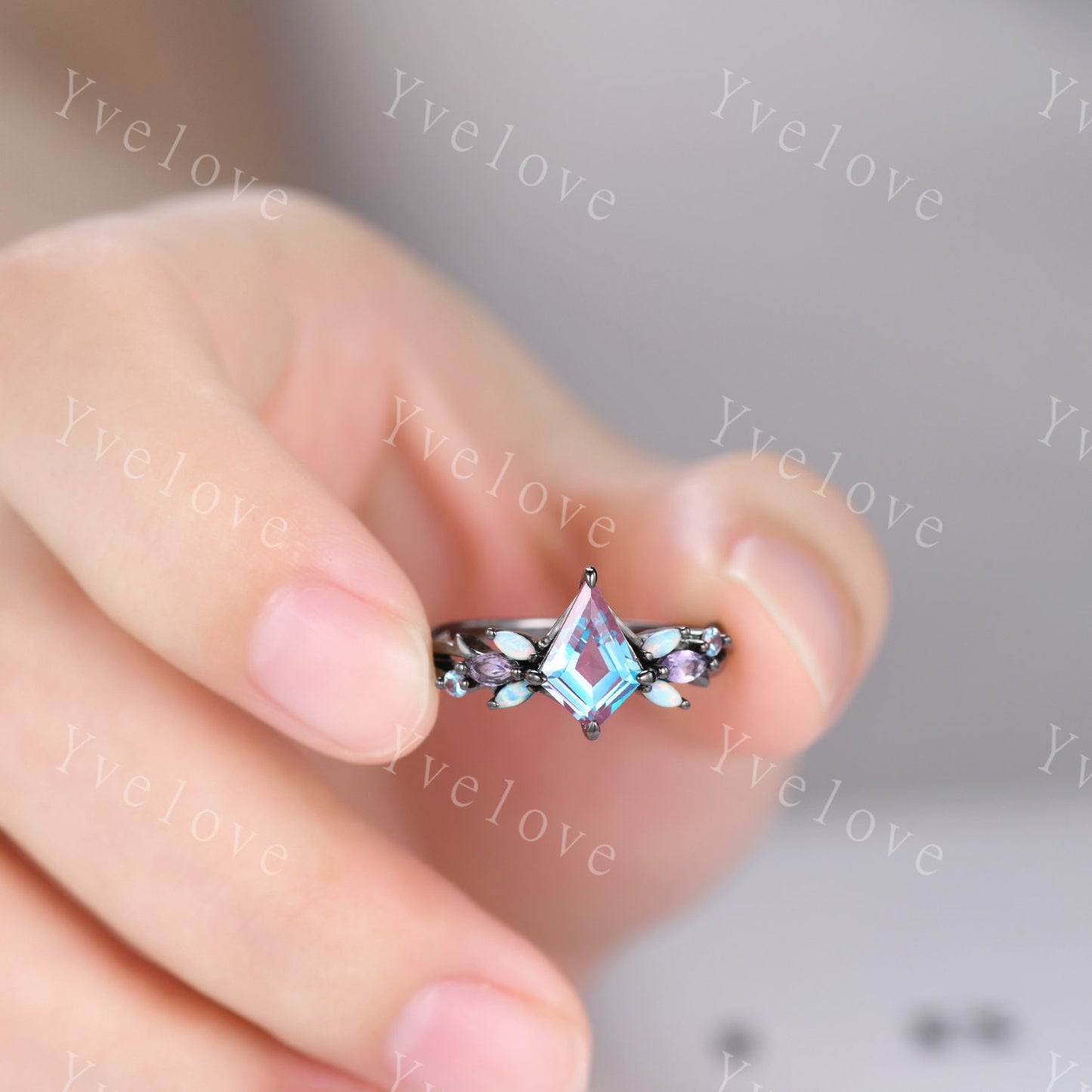 Vintage Kite Alexandrite Engagement Ring Set,Black Gold,Vines Amethyst Opal Ring,Women Bridal Set,Unique Twig Anniversary Promise Ring Gift