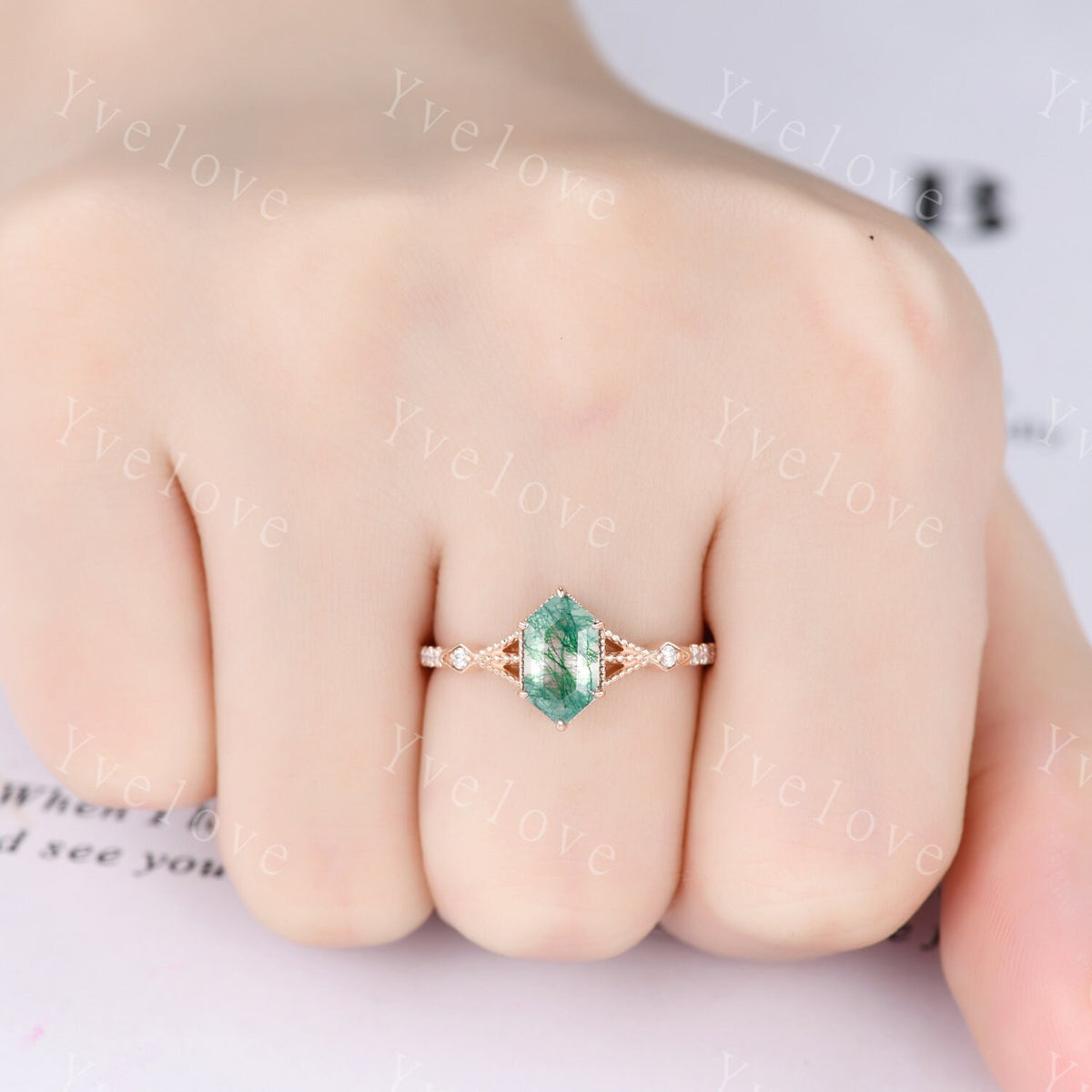 Vintage Moss agate engagement ring,hexagon moss agate ring set,Moissanite gold band,Moss agate fine jewelry,Promise ring set,14k rose gold