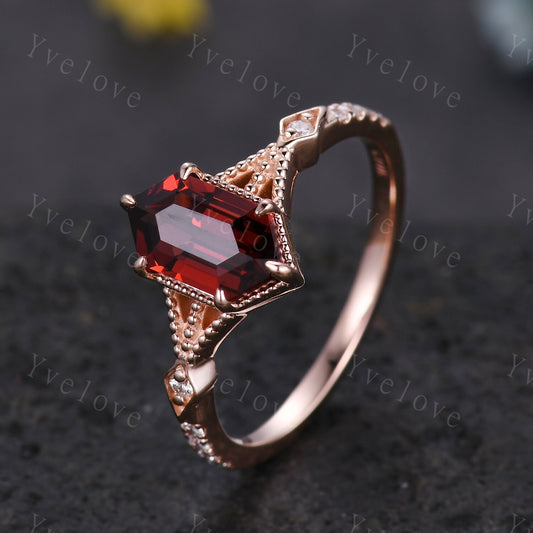 Vintage Long Hexagon Cut Garnet Ring Moissanite Rose Gold Band Garnet Jewelry Art Deco Promise Engagement Ring For Women July Ring Gift