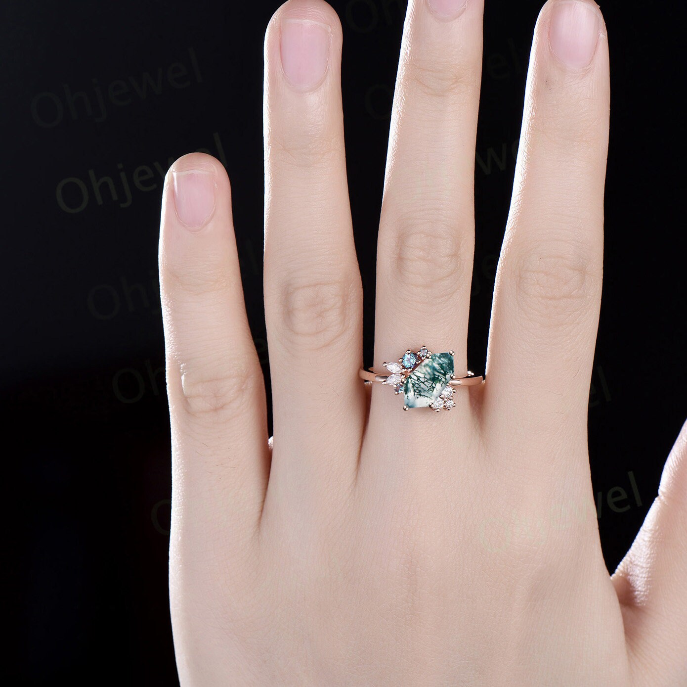 Shield green moss agate ring vintage 6 prong rose gold unqiue engagement ring cluster Alexandrite diamond wedding ring women jewelry gift