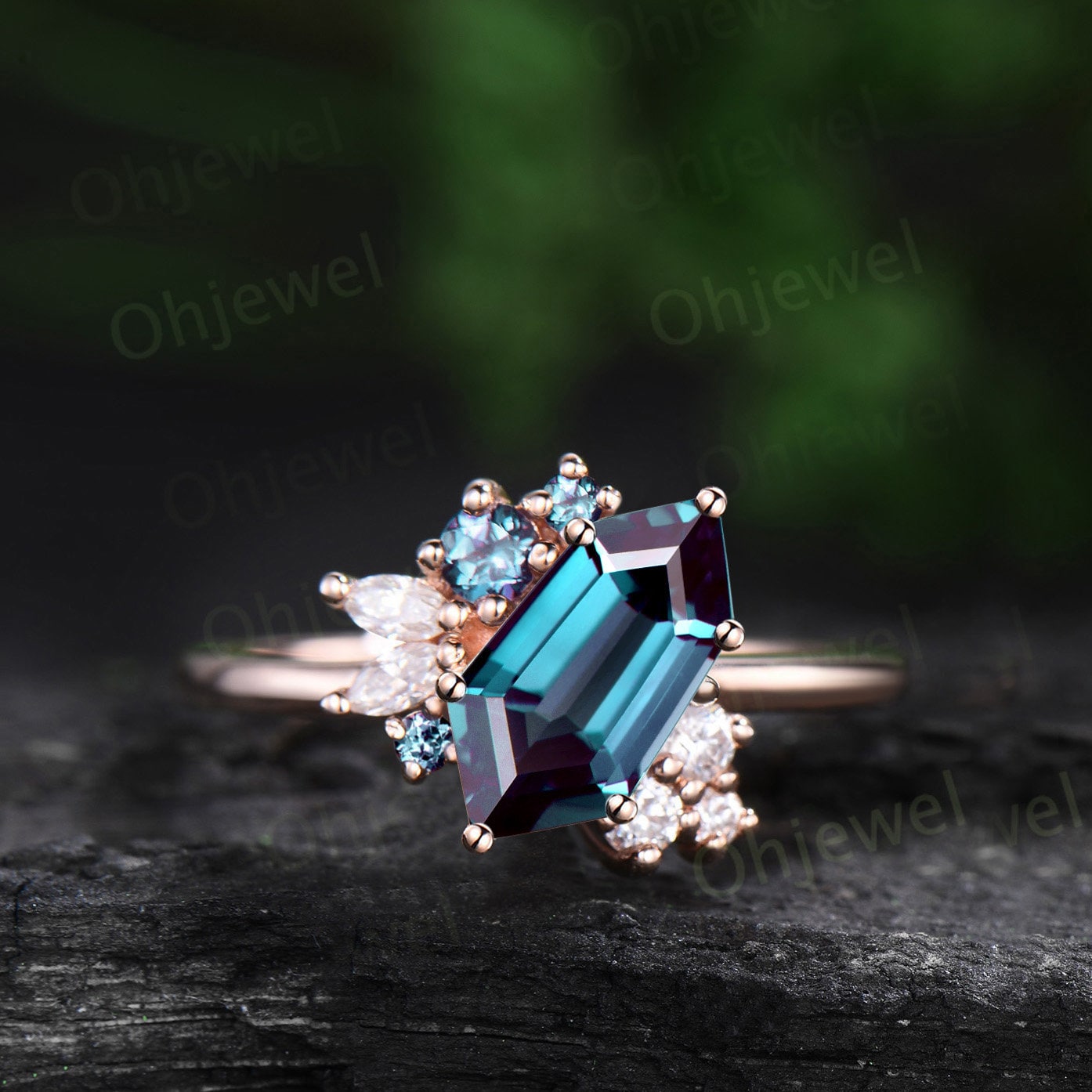 Shield alexandrite ring vintage 6 prong rose gold unqiue engagement ring cluster diamond wedding anniversary ring women jewelry gift