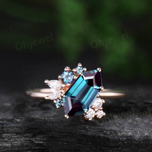 Shield alexandrite ring vintage 6 prong rose gold unqiue engagement ring cluster diamond wedding anniversary ring women jewelry gift