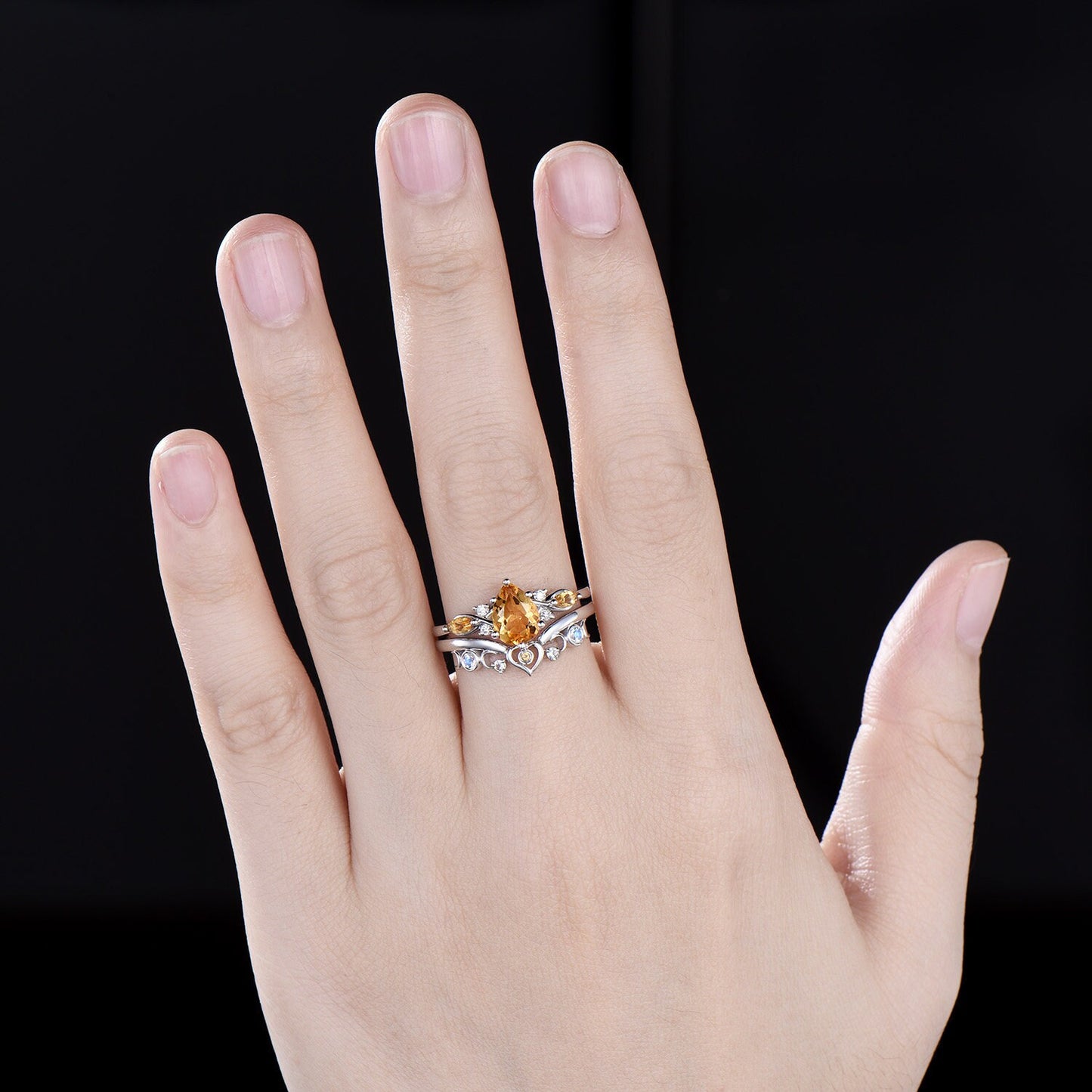 Vintage pear cut yellow citrine engagement ring white gold 6 prong twisted bridal set women moonstone aquamarine wedding band gemstone gift