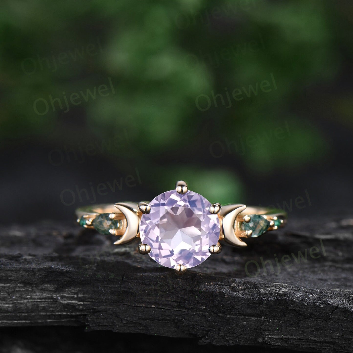 Round cut Lavender Amethyst ring vintage yellow gold five stone moon unique engagement ring moss agate bridal wedding ring set women gift
