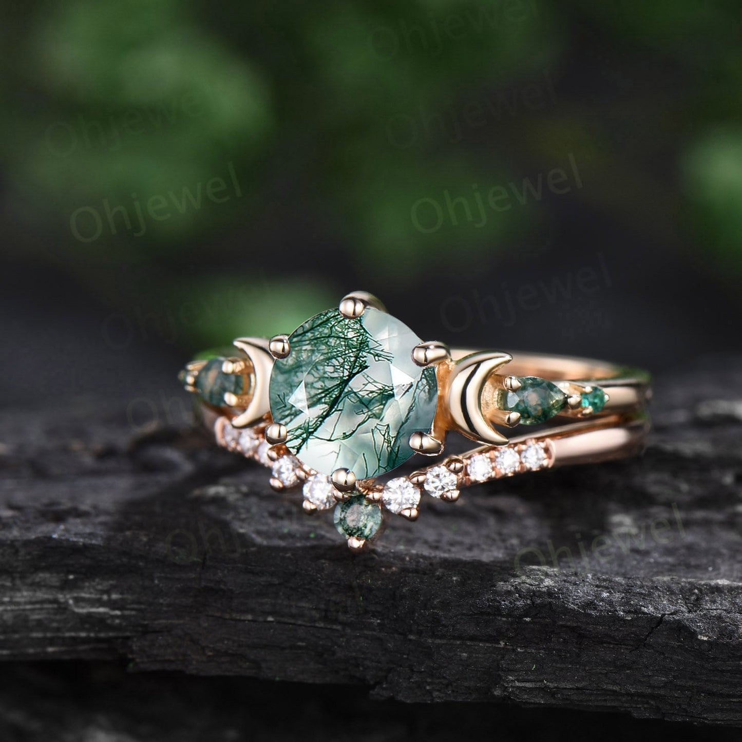 Round cut green moss agate ring yellow gold five stone moon unique engagement ring emerald bridal wedding ring set women jewelry gift