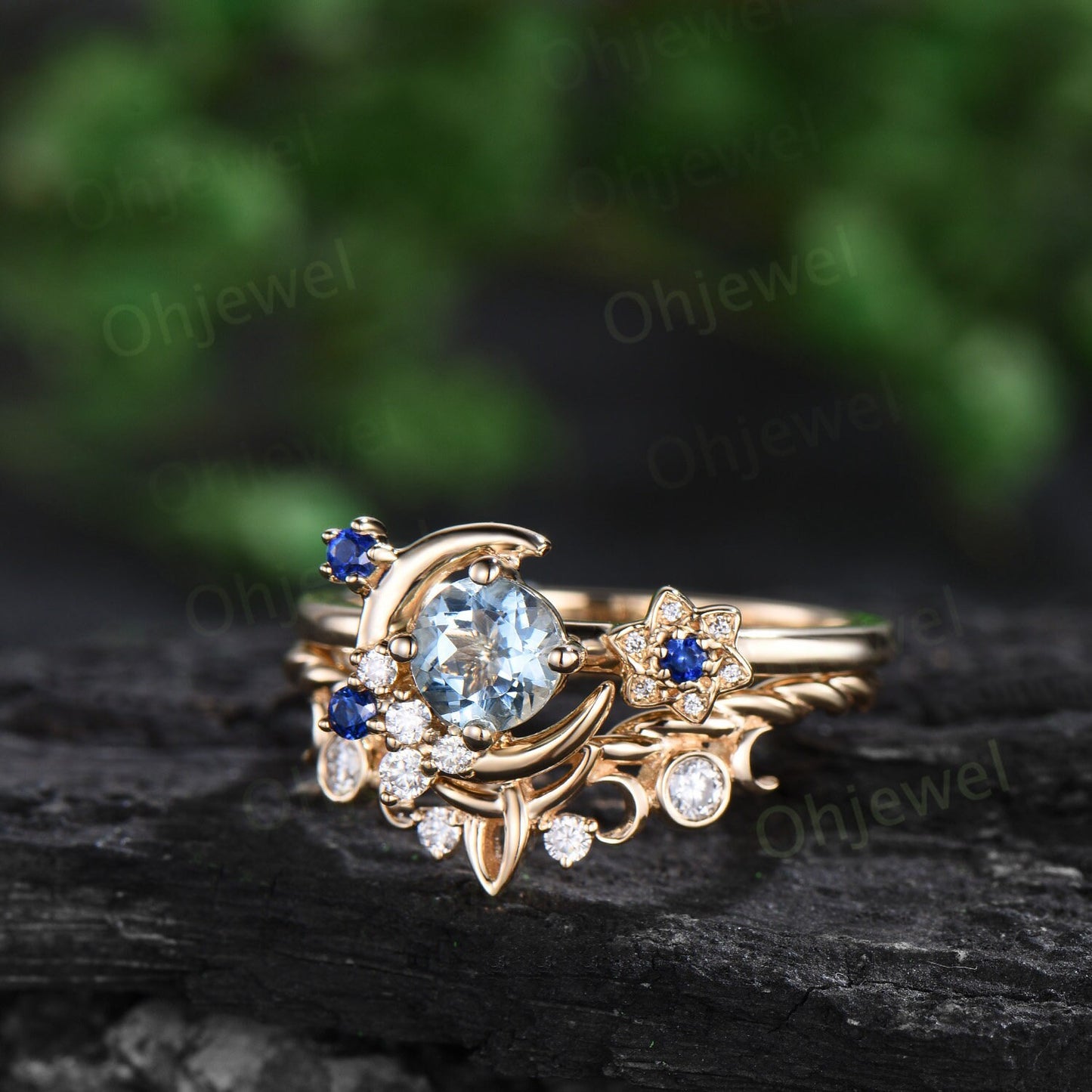 Round cut Aquamarine engagement ring yellow gold moon cluster sapphire diamond twisted antique wedding bridal ring set women jewelry gift